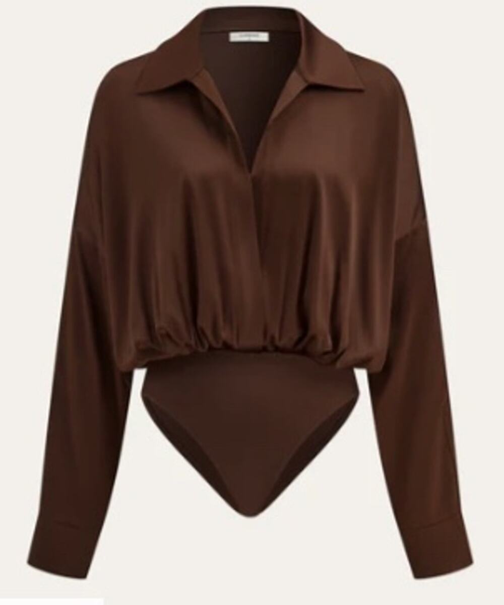 NWT Commense Satin Collared Long Sleeve Bodysuit | Brown | Small